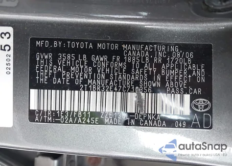 2007 Toyota Corolla Le from USA, damaged, VIN 2T1BR32E47C719356
